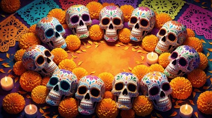 Naklejka premium Colorful sugar skulls arranged in circle with orange marigold flowers, lit candles. Festive Day of Dead celebration background with vibrant patterns, traditional Mexican culture elements. Bright