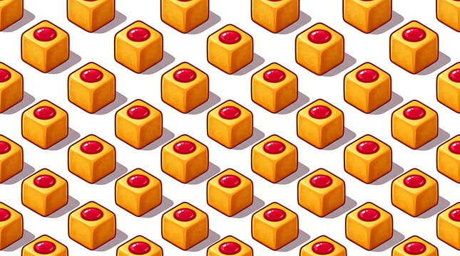 Isometric pattern of yellow cubed pastries with red centers
