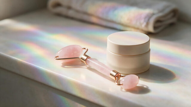 Rose Quartz Face Roller and Cream Jar on Bathroom Ledge