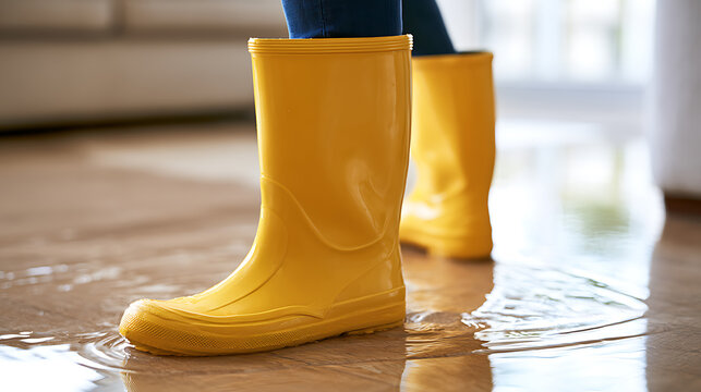 Person wear bright yellow rubber boot indoor during home flood emergency water leak disaster disaster cleanup insurance claim concept shot