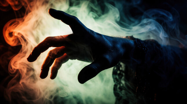 Dark hand reaches from shadows amid swirling orange and green smoke. A mysterious gesture or attempt to grasp something from the smoky abyss.