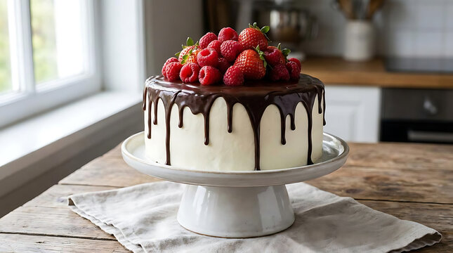 Chocolate drip cake topped with fresh raspberries.