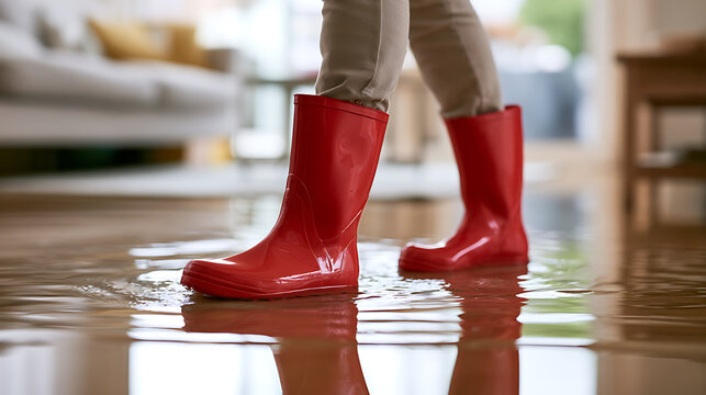 Person wear bright red waterproof rubber boot stand indoor home floor flood water puddle severe storm damage property insurance disaster risk