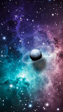 Animated Planet With Rings Rotating Against a Colorful Nebula Background in Deep Space
