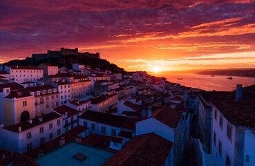 Obraz premium Sunset coastal cityscape of sao jorge with fortress hilltop, white facades, red tiled rooftops, glowing sea reflections and vibrant Mediterranean architectural scenery generate ai