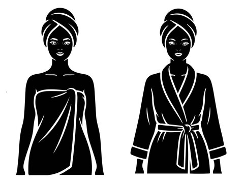 Woman in Bath Towel and Robe Vector, Spa Beauty and Wellness Graphic