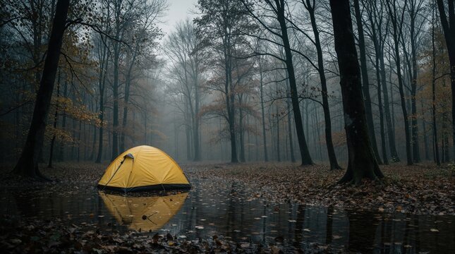 Yellow tent stands in flooded autumn forest. Rain falls on leaves covering water. Bare trees create moody scene. Solitary camp shelter evokes wilderness isolation.