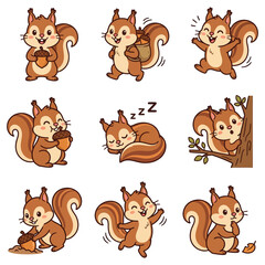 Obraz premium Cute cartoon squirrel character stickers set in different poses and emotional expressions