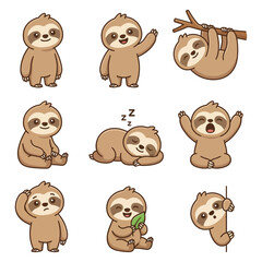 Naklejka premium Cute Cartoon Sloth Character Set in Various Poses and Expressions Isolated Vector Illustration
