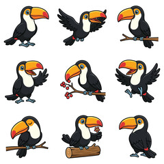 Naklejka premium Cute Cartoon Toucan Bird Character Mascot Set in Different Poses and Actions Vector Illustration