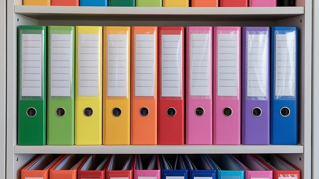Colorful Archive Binders Organized on White Shelves for Efficient Document Management and Office Organization