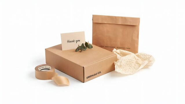 Eco packaging materials layout featuring cardboard box and paper bag