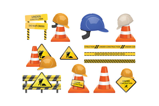 Set of construction site safety equipment including orange traffic cones, yellow warning signs, hard hats, and caution tape on white