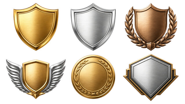 Six metallic shields and medal emblems in gold, silver and bronze styles with laurel wreaths, wings and ornate details, glossy decorative badges for awards, heraldry, achievements, logos, icons and br