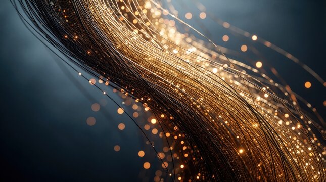 Close-up of thin golden threads with sparkling light bokeh effects. Dark background emphasizes luminous strands moving with fluid grace. Abstract macro view creates dreamy energy.