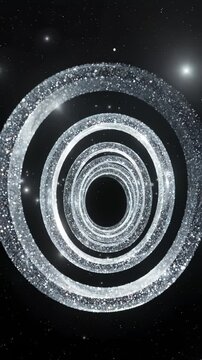 Abstract Silver Glittering Rings Rotating in a Dark Infinite Tunnel