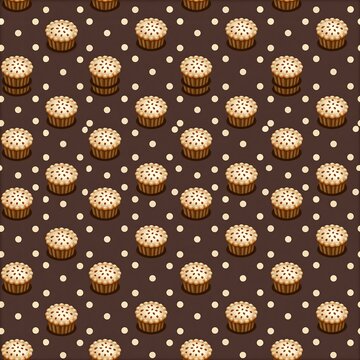 Seamless pattern with cute chocolate muffins and white polka dots
