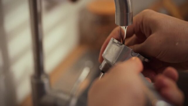 In his kitchen, a man carefully rinses the coffee machine's horn under a steady stream of water in the sink, a routine step that keeps the brew clean and ensures reliable daily performance