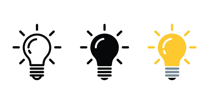 Light bulb with rays shine icon set featuring idea symbols for innovation, creative thinking, solutions, electricity, and inspiration