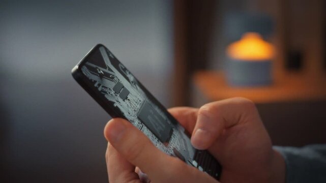 In sleek home office, man watches his smartphone screen as AI assistant installation progresses, highlighting cutting-edge technology that streamlines digital interaction and marks pivotal upgrade