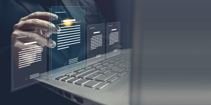 Online document approval and digital checklist concept with virtual forms and check marks on laptop screen. Business compliance, e signature, quality control, audit process, and workflow management.
