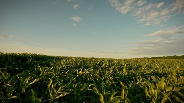In summer corn field under clear blue sky, green leaves and young corn stalks rise densely, a close-up view highlighting agribusiness cultivation and agriculture practices on the plantation - concept