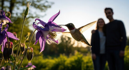 Fototapeta premium Hummingbird feeding on purple flowers in a garden during sunset