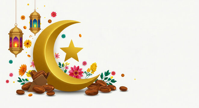 Colorful crescent moon with star, lanterns and flowers illustration