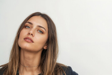 Naklejka premium Face of young woman gazes upward with serene expression Isolated on a white background