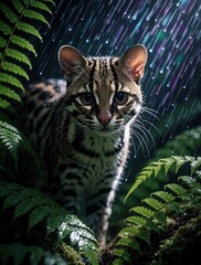 Naklejka premium Small wildcat with spotted fur walks through wet green ferns during a cosmic rainstorm. This mysterious feline navigates a dark jungle, its eyes alert in the magical downpour.