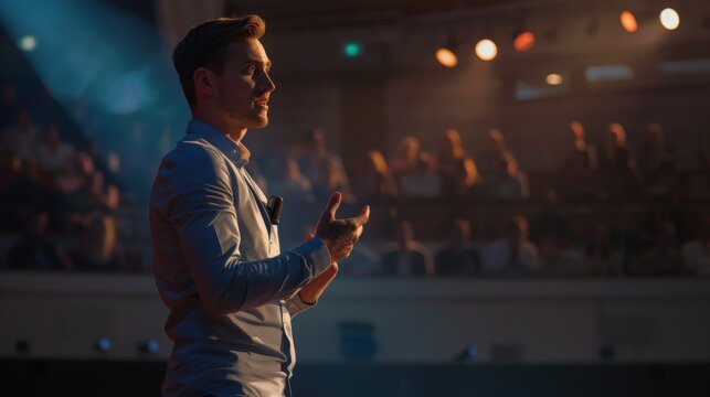A professional man delivering a confident presentation on stage in front of an audience with man button down shirt gestures while speaking large audience dark auditorium communication speechmaking