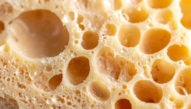 Porous Texture: A close-up macro shot reveals the intricate, bubbly texture of a yellow sponge, highlighting its absorbent qualities and unique cellular structure.