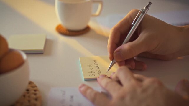 Man sits at table, scribbling ideas onto colorful sticky notes while coffee steams nearby, then groups the multicolored sheets into clusters, mapping projects and sparking creativity in the calm room