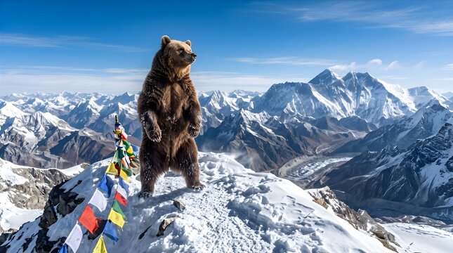A brown bear stands on a snowy mountain peak with colorful prayer flags