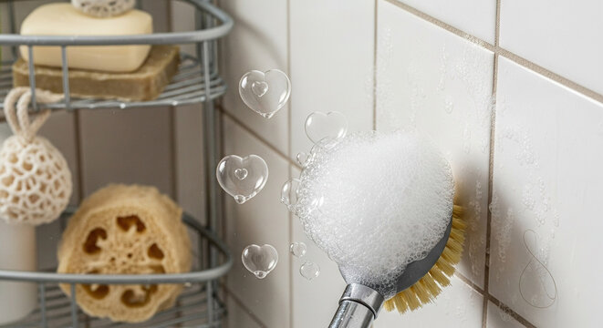 Cleaning brush with suds against white tiled wall