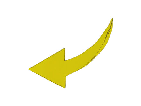 A single yellow curved arrow pointing towards the left, featuring a textured surface, isolated on a white background isolated on a transparent background