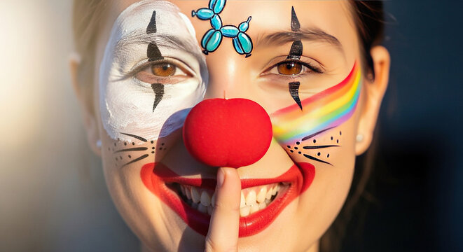 Woman with Colorful Face Paint and Nose Clown