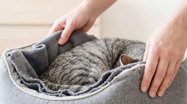 Pet owner moves familiar cat belongings away from a noisy household area