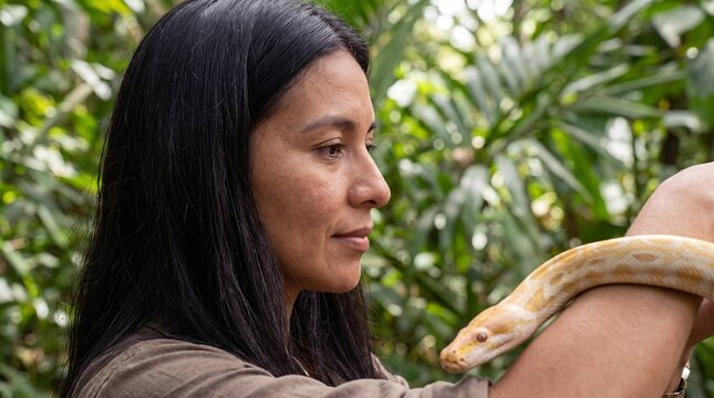 Woman holding albino corn snake on shoulder surrounded by lush tropical rainforest foliage