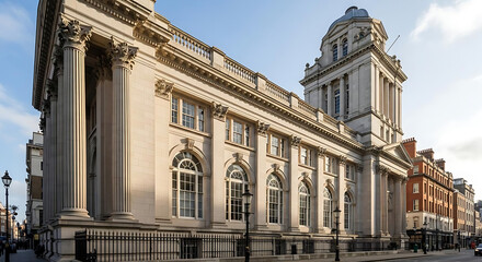 Fototapeta premium Classical stone building with columns and a tower on a city street in daylight