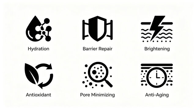 Black icon of beauty effect, water replenishing barrier repair, brightening, anti-oxidation, pore shrinking, anti-aging, applicable to skin care science popularization and product details page.
