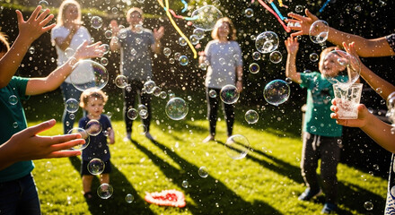 Fototapeta premium Children playing with soap bubbles in a park