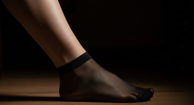 Woman's leg with sheer stocking, close-up on wooden floor
