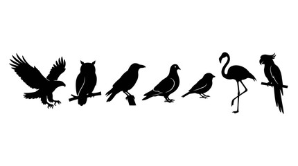 Fototapeta premium Bird Black Silhouette Collection – Eagle, Owl, Crow, Pigeon, Sparrow, Flamingo and Parrot Vector Set