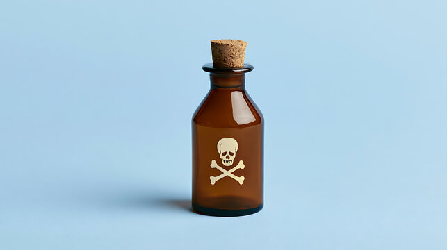 A vintage amber glass poison bottle with a skull and crossbones symbol cork stopper isolated on a bright light blue studio background