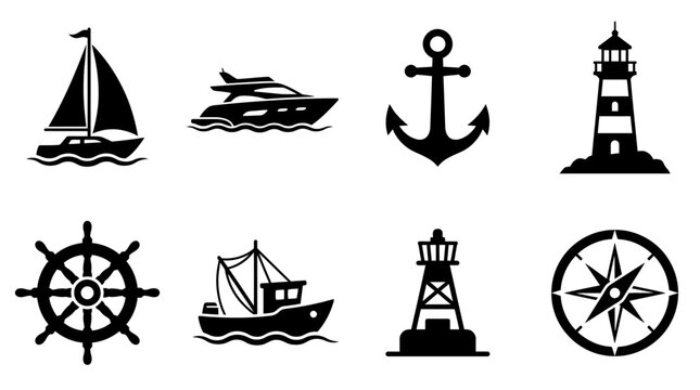 Nautical Black Silhouette Collection &ndash; Sailboat, Yacht, Anchor, Lighthouse, Ship Wheel, Fishing Boat, Buoy and Compass Vector Set