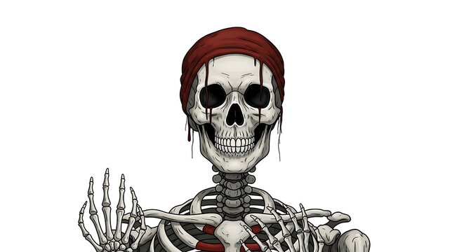 Illustration of a skeleton wearing a red bandana waving with a white background