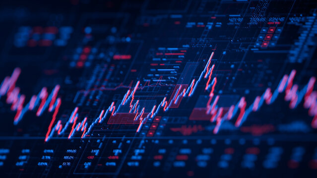 Stock forex financial data document graph chart report statistic marketing research development planning management analysis accounting. Financial business technology hologram concept. 3d rendering.