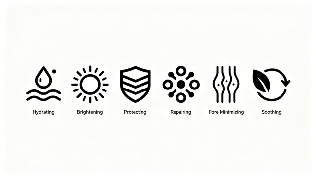 Skin care function icon set, representing moisturizing, brightening, repairing, soothing, protecting, and shrinking pores, suitable for beauty posters and e-commerce selling point displays.
