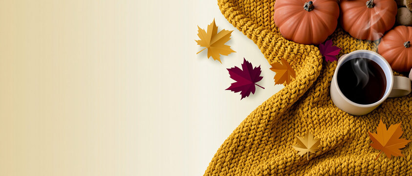 Cozy autumn flat lay with hot coffee, pumpkins, maple leaves and knitted blanket on warm cream background with copy space for seasonal design